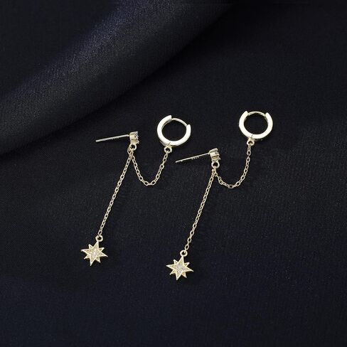 SLUYNZ 925 Sterling Silver Small Hoop Cuff Earrings Wrap for Women Teen Girls Double Piercing Earrings Chain Cartilage Helix Earrings Star Tassel in Saudi Arabia