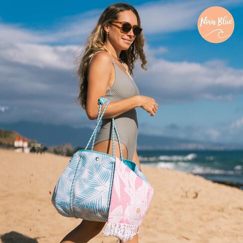 Nova Blue Neoprene Tote Bag - Blue Beach Bag Tote With Palm Leaf Design Beach Tote Bag - Pool Bag Cute Beach Bag Travel Bag Beach Essentials in Saudi Arabia