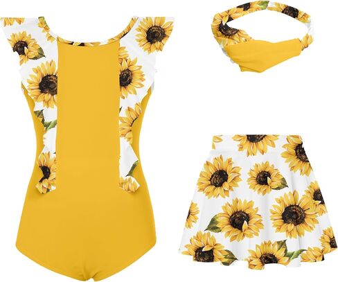 بدلة استحمام للفتيات للأطفال من عمر 5 إلى 12 عامًا بعامل حماية من الأشعة فوق البنفسجية 50+، ملابس سباحة مكشكشة سريعة الجفاف مع عصابة رأس تنورة in Kuwait