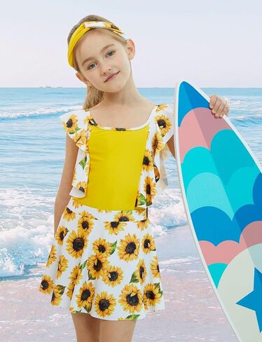 بدلة استحمام للفتيات للأطفال من عمر 5 إلى 12 عامًا بعامل حماية من الأشعة فوق البنفسجية 50+، ملابس سباحة مكشكشة سريعة الجفاف مع عصابة رأس تنورة in Kuwait