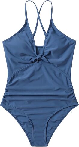 Milumia Girl's One Piece Knot Bathing Suit Solid Criss Cross Spaghetti Strap Swimsuit in Kuwait