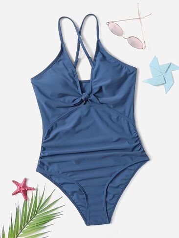 Milumia Girl's One Piece Knot Bathing Suit Solid Criss Cross Spaghetti Strap Swimsuit in Kuwait