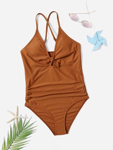 Milumia Girl's One Piece Knot Bathing Suit Solid Criss Cross Spaghetti Strap Swimsuit in Kuwait