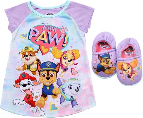 Paw Patrol Skye Rubble Chase Everest Marshal Short Sleeve Nightgown Dorm Shirt Pajamas for Girls with PJ Slippers Purple, 2T in Saudi Arabia