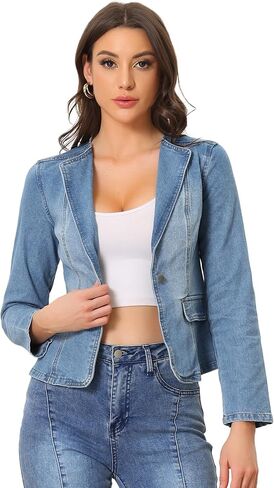 Allegra K Women's Stretchy Jean Jacket Lapel Collar One Button Long Sleeve Work Casual Light Weight Denim Jackets in Kuwait