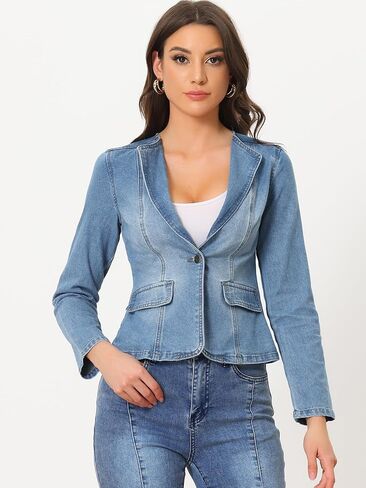Allegra K Women's Stretchy Jean Jacket Lapel Collar One Button Long Sleeve Work Casual Light Weight Denim Jackets in Kuwait
