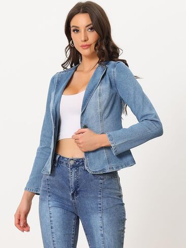 Allegra K Women's Stretchy Jean Jacket Lapel Collar One Button Long Sleeve Work Casual Light Weight Denim Jackets in Kuwait
