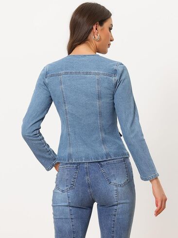 Allegra K Women's Stretchy Jean Jacket Lapel Collar One Button Long Sleeve Work Casual Light Weight Denim Jackets in Kuwait