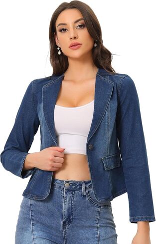Allegra K Women's Stretchy Jean Jacket Lapel Collar One Button Long Sleeve Work Casual Light Weight Denim Jackets in Kuwait