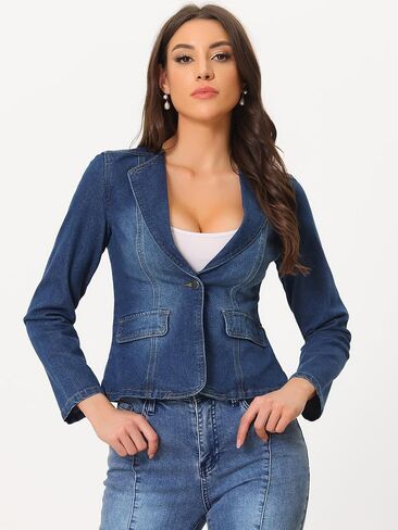 Allegra K Women's Stretchy Jean Jacket Lapel Collar One Button Long Sleeve Work Casual Light Weight Denim Jackets in Kuwait