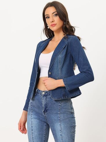 Allegra K Women's Stretchy Jean Jacket Lapel Collar One Button Long Sleeve Work Casual Light Weight Denim Jackets in Kuwait