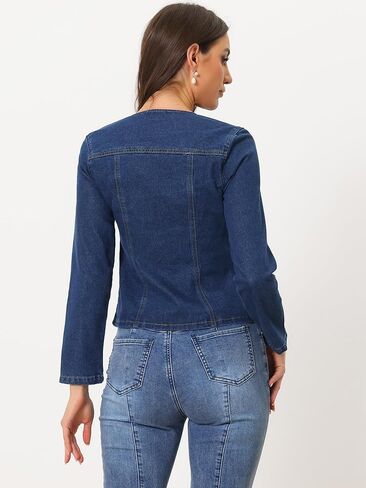 Allegra K Women's Stretchy Jean Jacket Lapel Collar One Button Long Sleeve Work Casual Light Weight Denim Jackets in Kuwait