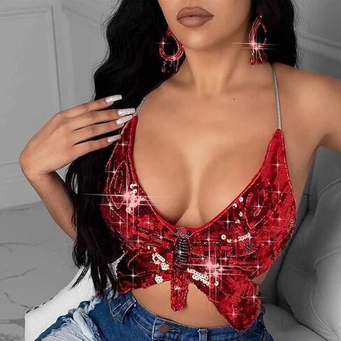 Victray Butterfly Sequi Top Belly Dance Halter Bra Tank Top Sleeves Top Club Wear للنساء والفتيات in Kuwait