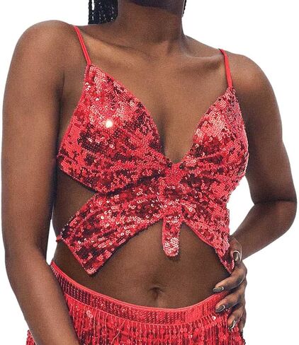 Victray Butterfly Sequi Top Belly Dance Halter Bra Tank Top Sleeves Top Club Wear للنساء والفتيات in Kuwait