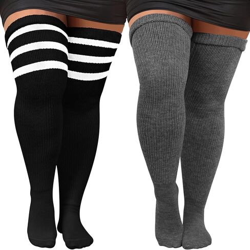 Apoway 2 Pairs Plus Size Thigh Highs Socks Over Knee Socks Oversized Thigh High Stockings with Garter Belt for Women in Kuwait