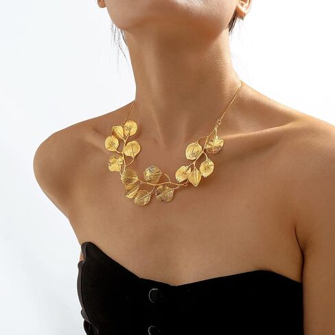 HZV Bohemian Glitter Leaf Collar Necklace gold leaf necklace for women Girls Chunky Statement Chunky Gold Leaf life Collar necklace in Saudi Arabia