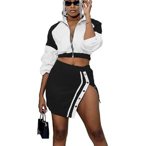 CALEBGAR Womens 2 Piece Outfits Sexy Long Sleeve Zip Varsity Jacket Patchwork Mini Skirts