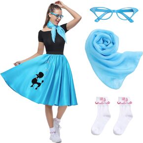 Leadtex Women Sock Hop Costume 1950s Poodle Skirt with Scarf,Glasses,Socks,Adult 4 Piece 50s Costume Set in Kuwait