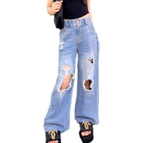 YaYabroe Kids Ripped Jeans for Girls Lightweight Casual Wide Leg Denim Baggy Pants Kids Clothes Size 5-14 Years