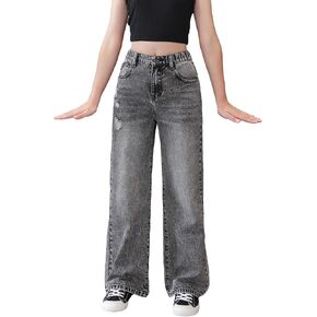 WDIRARA Girl's Ripped High Waisted Slant Pockets Casual Denim Jeans Straight Leg Pants in Kuwait