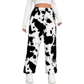 WDIRARA Women's Cow Print Elastic Casual Straight Leg Teddy Fluffy Fuzzy Warm Pants
