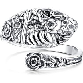 Skull Rings 925 Sterling Silver Spoon Ring Gothic Skull Adjustable Ring Rose Flower Statement Ring Vintage Victorian Jewelry for Women (Skull Spoon Ring)