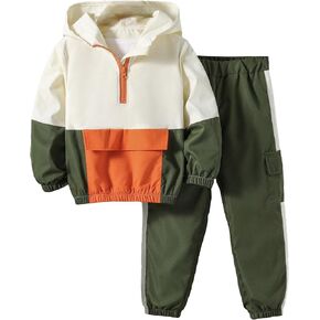 Cozyease Boys' Half Zip Long Sleeve Color Block Hoodie and Stripe Pants with Pocket Set 2 Piece Outfits