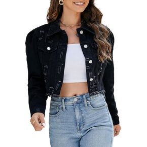 PAODIKUAI Women's Casual Puff Sleeve Frayed Slim Cropped Denim Jean Jacket