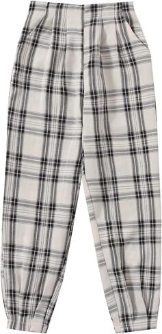 WDIRARA Girl's Plaid Elastic High Waist Slant Pocket Pants Casual Long Pants in Kuwait