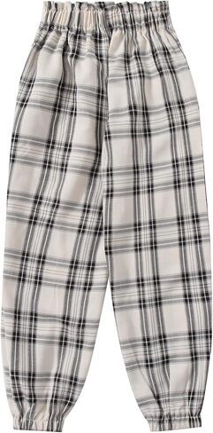 WDIRARA Girl's Plaid Elastic High Waist Slant Pocket Pants Casual Long Pants in Kuwait
