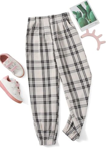 WDIRARA Girl's Plaid Elastic High Waist Slant Pocket Pants Casual Long Pants in Kuwait