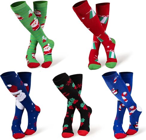 JOYIN 5 Pairs Women's Cute Winter Socks Christmas Fancy Design Knee High Socks Multi Colorful Patterned Knee High Socks for Xmas Holiday Gifts for Women and Girls in Saudi Arabia