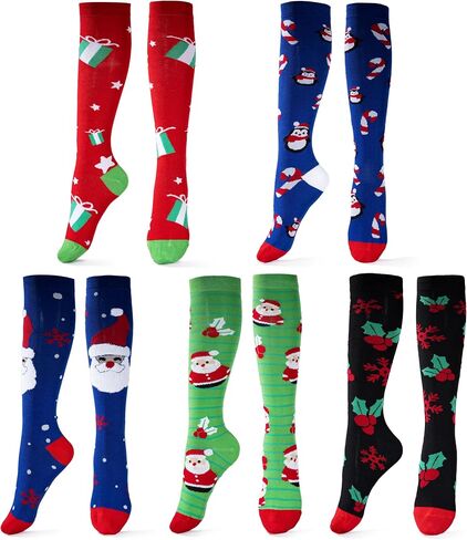 JOYIN 5 Pairs Women's Cute Winter Socks Christmas Fancy Design Knee High Socks Multi Colorful Patterned Knee High Socks for Xmas Holiday Gifts for Women and Girls in Saudi Arabia