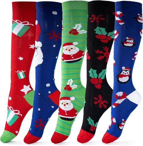 JOYIN 5 Pairs Women's Cute Winter Socks Christmas Fancy Design Knee High Socks Multi Colorful Patterned Knee High Socks for Xmas Holiday Gifts for Women and Girls in Saudi Arabia