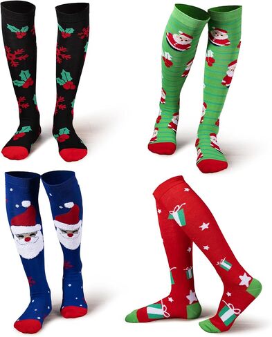 JOYIN 5 Pairs Women's Cute Winter Socks Christmas Fancy Design Knee High Socks Multi Colorful Patterned Knee High Socks for Xmas Holiday Gifts for Women and Girls in Saudi Arabia
