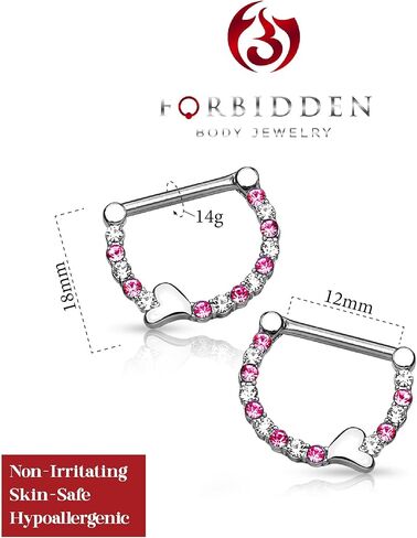 Forbidden Body Jewelry Pair of Surgical Steel 1/2 Inch CZ Crystal Lined Sweetheart Nipple Ring Clikers in Saudi Arabia