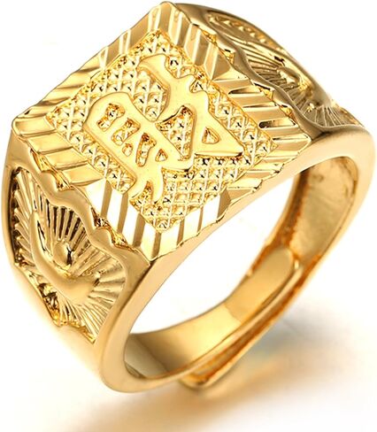 Halukakah Mens Gold Ring Diamond 3PCs Set,18K Real Gold/Platinum Filled Kanji Rich/Luck/Wealth Lab Diamonds Prong Set Size Adjustable,Gift for Men in Kuwait