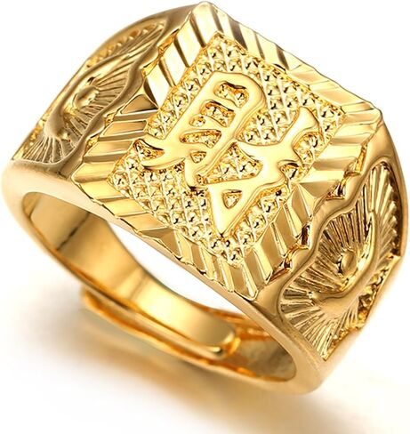 Halukakah Mens Gold Ring Diamond 3PCs Set,18K Real Gold/Platinum Filled Kanji Rich/Luck/Wealth Lab Diamonds Prong Set Size Adjustable,Gift for Men in Kuwait