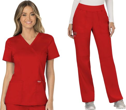 Cherokee Women Scrubs Set Workwear Revolution WW610 Mock Wrap Top & WW110 Mid Rise Straight Leg Pull-on Pant, Red- S Top/S Pant in Saudi Arabia