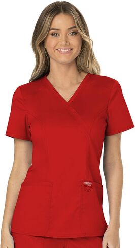 Cherokee Women Scrubs Set Workwear Revolution WW610 Mock Wrap Top & WW110 Mid Rise Straight Leg Pull-on Pant, Red- S Top/S Pant in Saudi Arabia