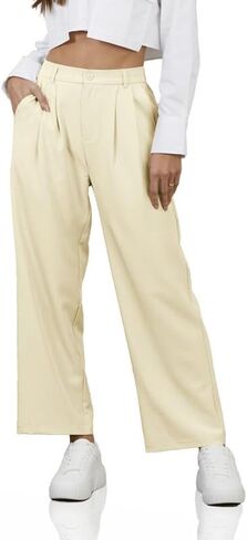 سروال PURPEARL مستقيم واسع الساق للنساء الأعمال عارضة مرونة عالية الخصر اللباس السراويل الطويلة مكتب السراويل مع جيوب in Kuwait