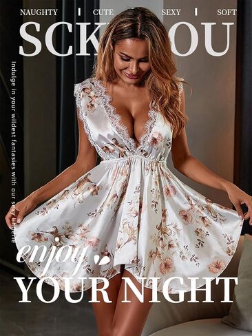 SCKVAOU Babydoll Dress Sexy Lingerie Women Satin Nightgown Deep V Neck Printed Boudoir Outfits in Saudi Arabia