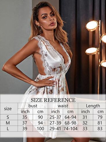 SCKVAOU Babydoll Dress Sexy Lingerie Women Satin Nightgown Deep V Neck Printed Boudoir Outfits in Saudi Arabia