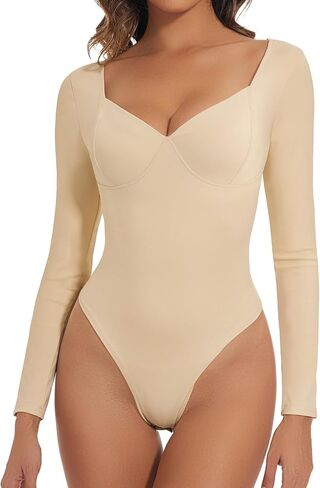 بدلة للجسم نسائية بأكمام طويلة من BOUFOR ورقبة على شكل حرف v مع خياطة أساسية وتحكم في البطن وتنحيف مثير للخروج ملابس يوتار in Kuwait