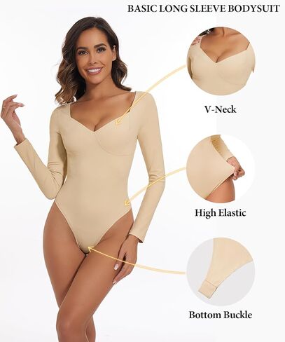 بدلة للجسم نسائية بأكمام طويلة من BOUFOR ورقبة على شكل حرف v مع خياطة أساسية وتحكم في البطن وتنحيف مثير للخروج ملابس يوتار in Kuwait