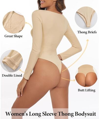 بدلة للجسم نسائية بأكمام طويلة من BOUFOR ورقبة على شكل حرف v مع خياطة أساسية وتحكم في البطن وتنحيف مثير للخروج ملابس يوتار in Kuwait