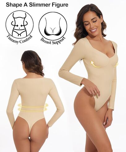 بدلة للجسم نسائية بأكمام طويلة من BOUFOR ورقبة على شكل حرف v مع خياطة أساسية وتحكم في البطن وتنحيف مثير للخروج ملابس يوتار in Kuwait