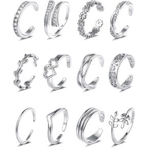 Akeoqi 12PCS 18K Gold Plated Toe Rings CZ Daisy Flower Leaf Heart Knot Band Open Tail Ring Beach Foot Jewelry Sets For Women Men Gold Silver Tone