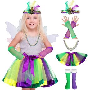 Hicarer 7 Pack Mardi Gras Costume Set for Girls Mardi Gras Accessories Set for Kids Tutu Skirt Mardi Gras Beads Feather Headband Fishnet Gloves Kids Long Stockings Birthday Party Fancy Dress in Saudi Arabia