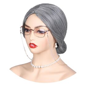 FantaLook Short Curly Gray Old Lady Cosplay Wig with Glasses EyeGlasses Chain Earrings Necklace Bracelet and Inflatable Crutch for Women Grandma Costume for 100 Days of School in Kuwait